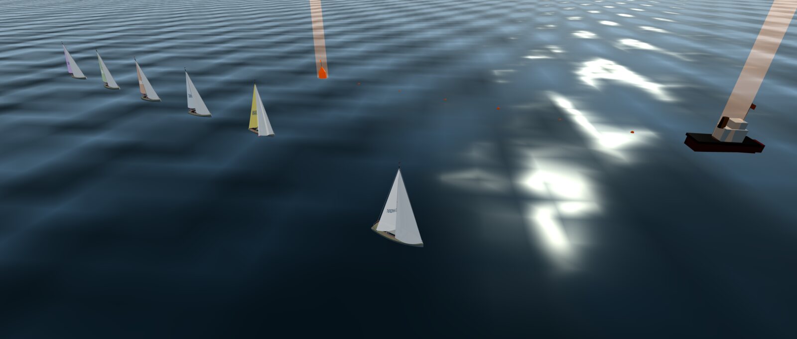 Regata com seis veleiros perto da linha de largada — o jogador e cinco bots, com boia e barco de comitê